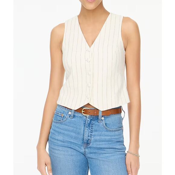 NWT J.Crew Size 8 Striped linen-blend vest ivory camel Off-White Causal 5 Button - Picture 1 of 9